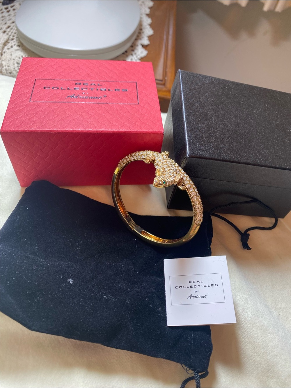 Real Collectibles by Adrienne Gold and Green Crystal Iguana Bangle 9” around